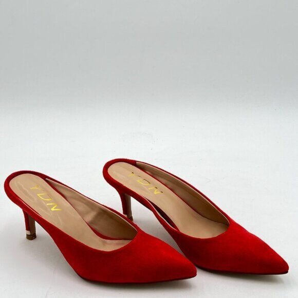 YDN Red Suede Pointed Toe Thin Mid Heel Backless Mules Pumps Slip On Slide Dress - Picture 4 of 8